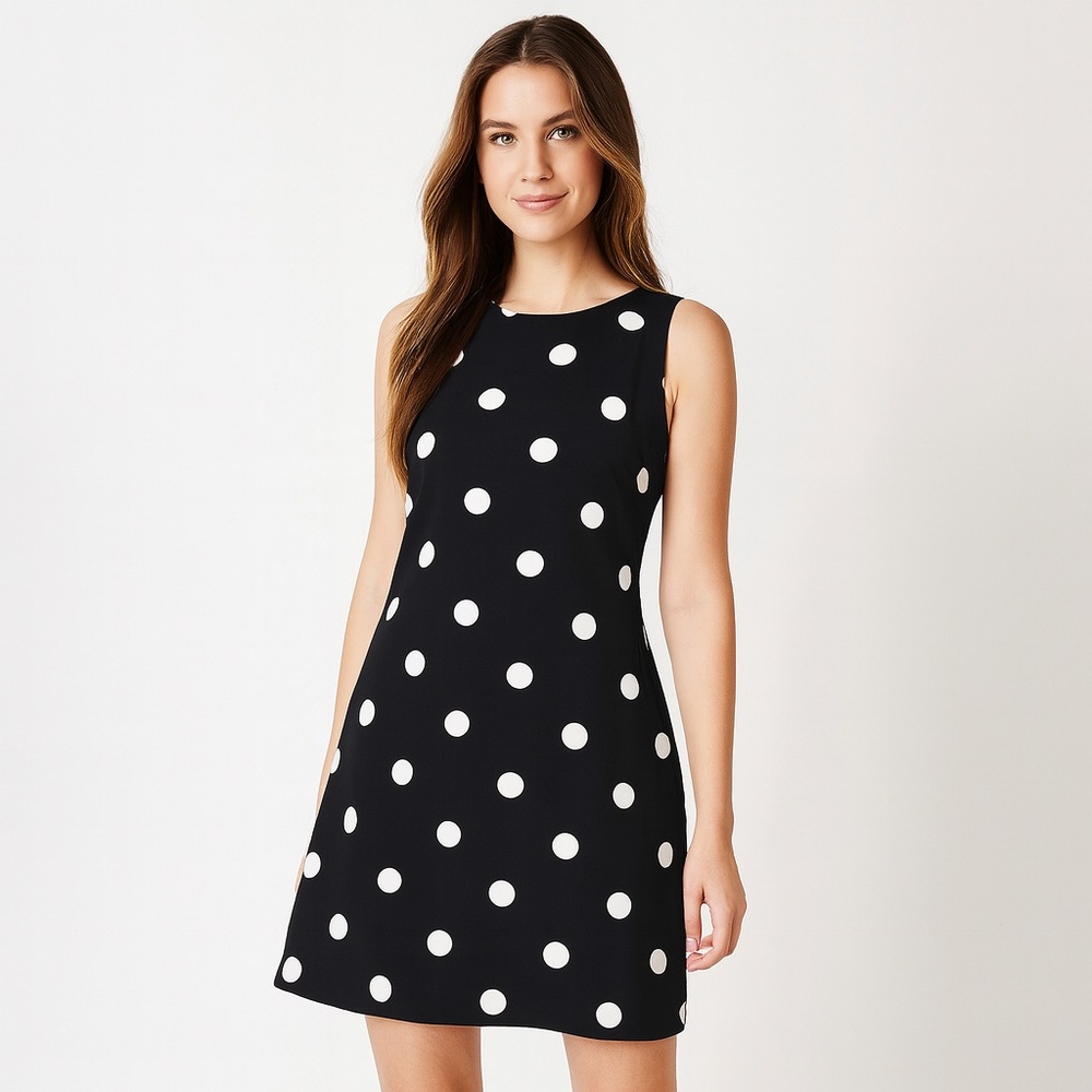 Anne Klein Black & White Polka Dot Sleeveless Lined Crewneck Shift Dress - US 6